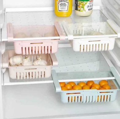 Adjustable Fridge Storage Basket Expandable Fridge Storage Rack Plastic Fridge Space Saver Food Organizer Tray Refrigerator Pull out Drawers